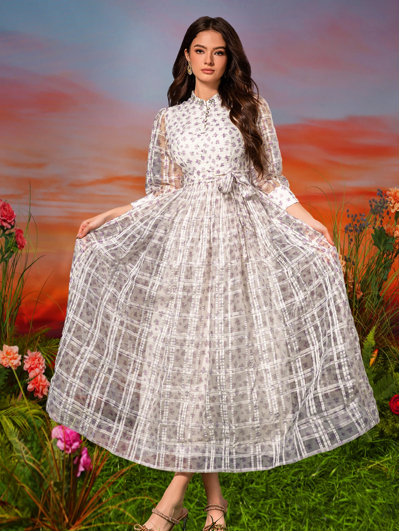 

UNITHORSE Floral Puff Sleeve Dress With Tie Waist, Elegant Cocktail Dress