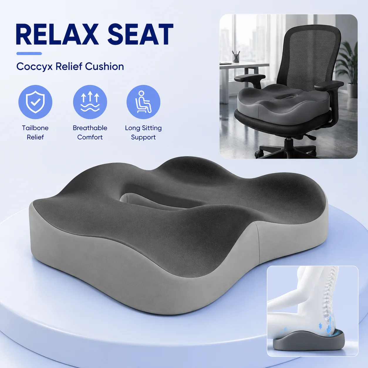 Durable Memory Foam Seat Cushion, Ultra-Dense Foam Oval Chair Pad With Thigh & Hip Support, Comfortable Pressure Relief Cushion For Office Chair, Home Chair, Car Seat, Wheelchair, Long Sitting, Daily Use, Travel, Work From Home, Gift Giving