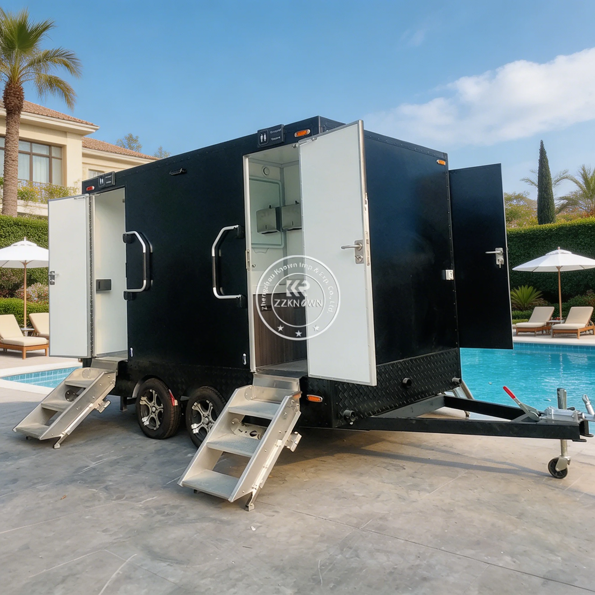 Customizable Luxury Portable Toilet Trailer Outdoor Mobile Bathroom Trailer Portable Restrooms Trailer with Solar Panels