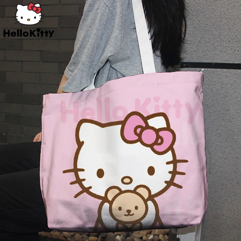 Sanrio Hello Kitty Canvas กระเป๋า Casual กระเป๋าสะพายไหล่3ขนาดการ์ตูนพิมพ์แฟชั่นกระเป๋าถือ Y2k หญิงสีชมพูกระเป๋าโท้ท