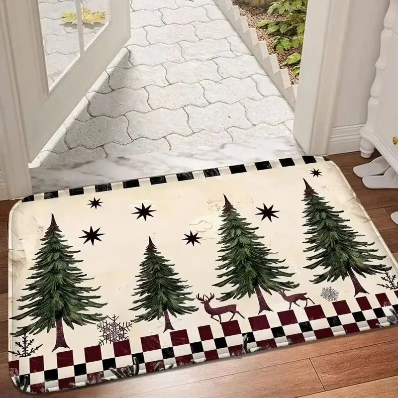 VIKAMA Pine Tree Christmas Door Mat Deer Snowflake Print Non-Slip Plush Entrance Mat for Front Door Hallway Washable Home Decor