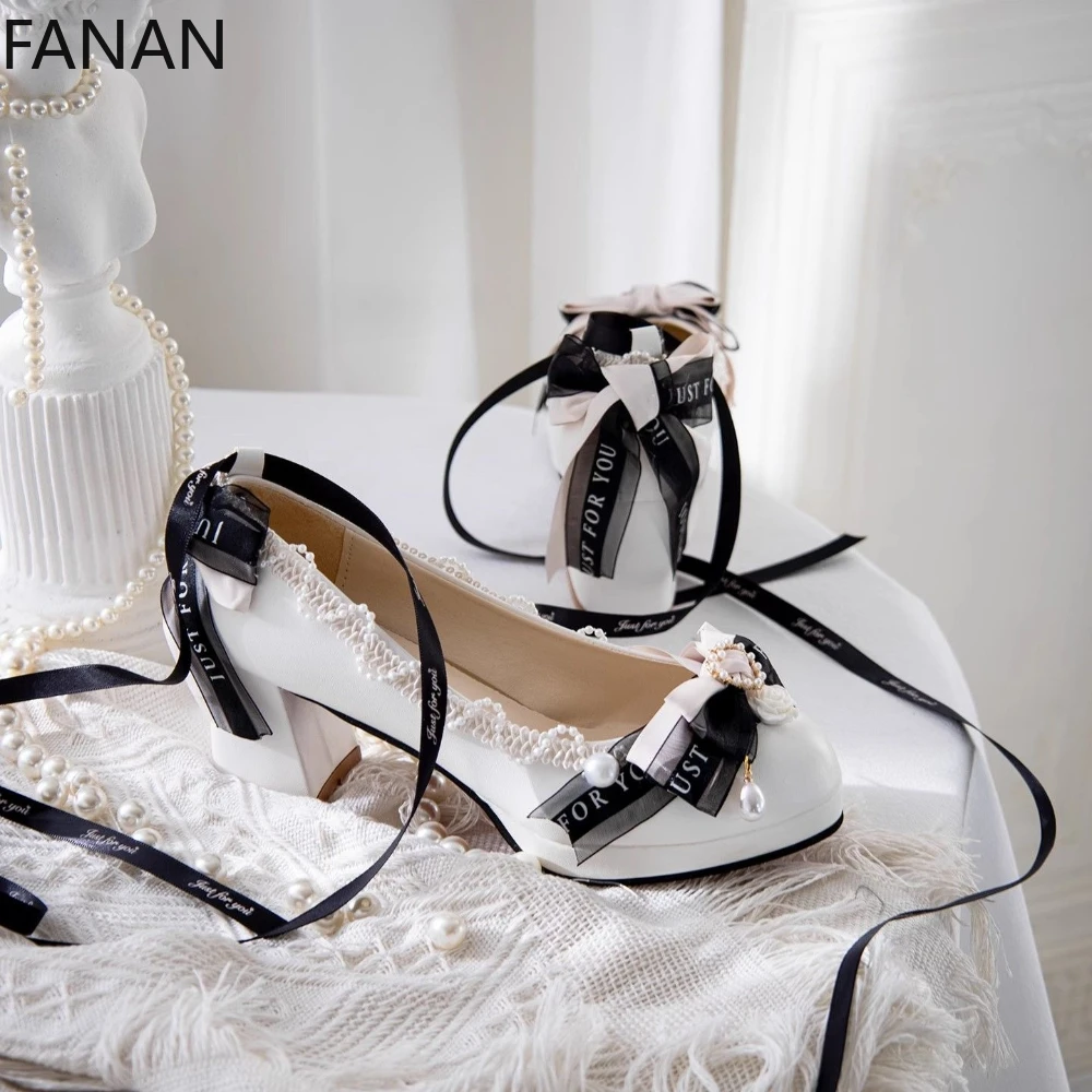 

Lolita High Heel Pumps Women's Shoes Elegant Round Head Platform Leather Lace Lightweight Breathable Prom Shoes