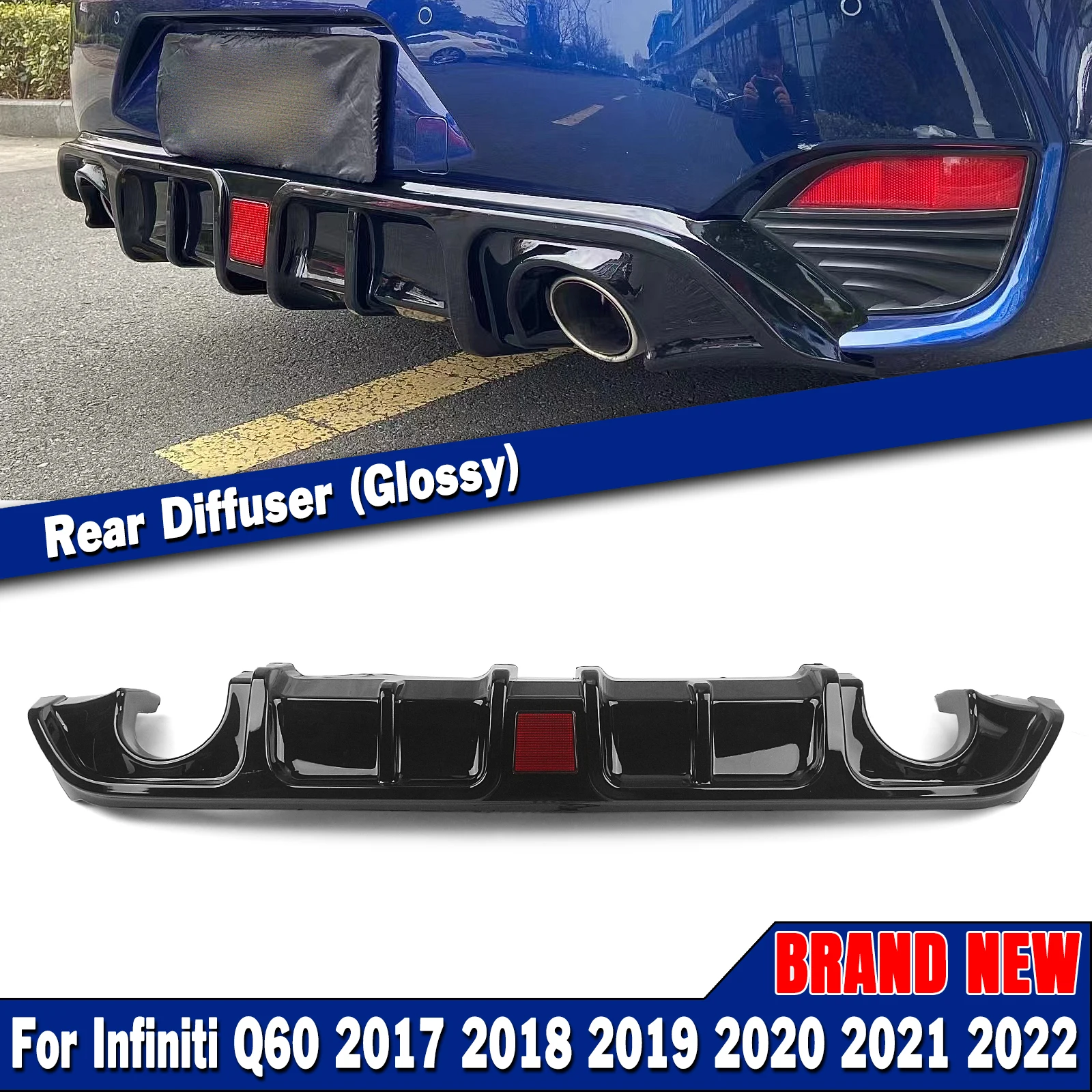 

For Infiniti Q60 2017 2018 2019 2020 2021 2022 Rear Bumper Diffuser Lip W/ LED Gloss Black/Carbon Fiber Look Splitter Spoiler