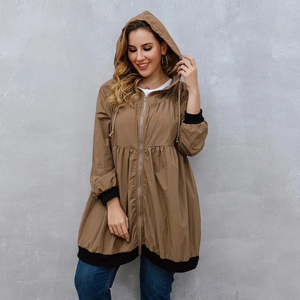 Women Plus Size Windbreaker Thin New Fashion Casual Loose Solid Color Cardigan Hooded Jacket 2024 Autumn Long-sleeved Jackets