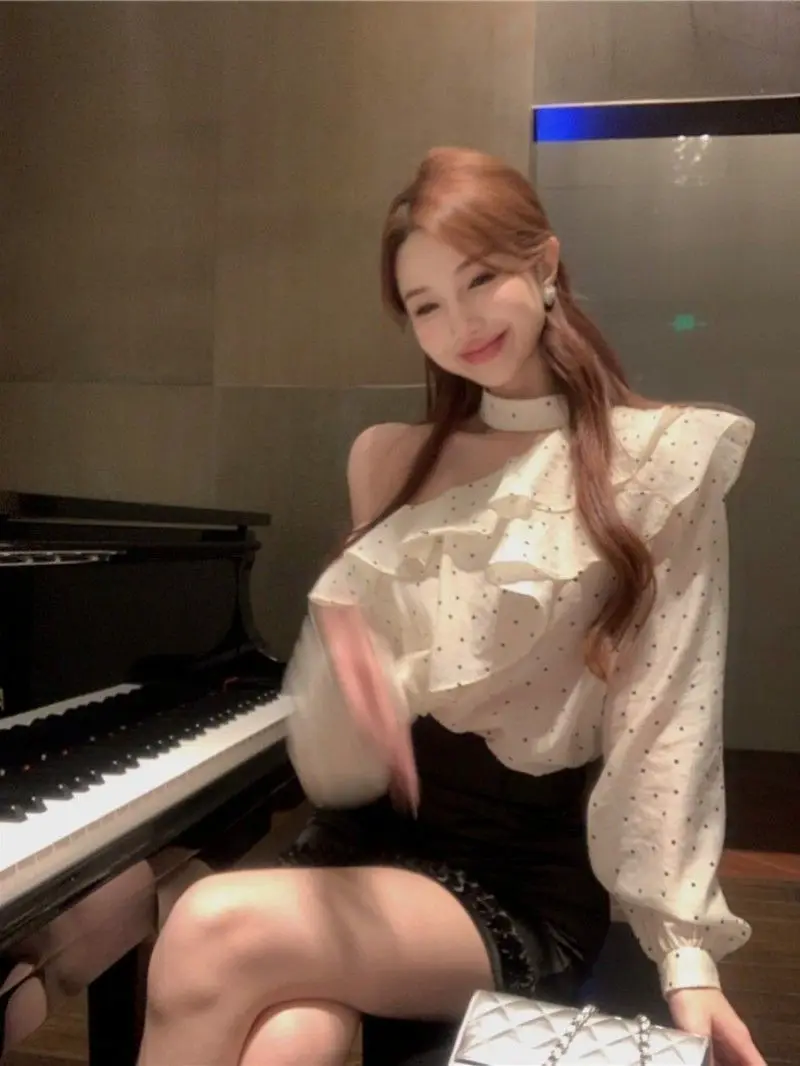 Rüschen Polka Dot Schräge Schulter Chiffon Langarm Bluse Frauen Sommer Sonnenschutz Lose Abnehmen Neckholder Top