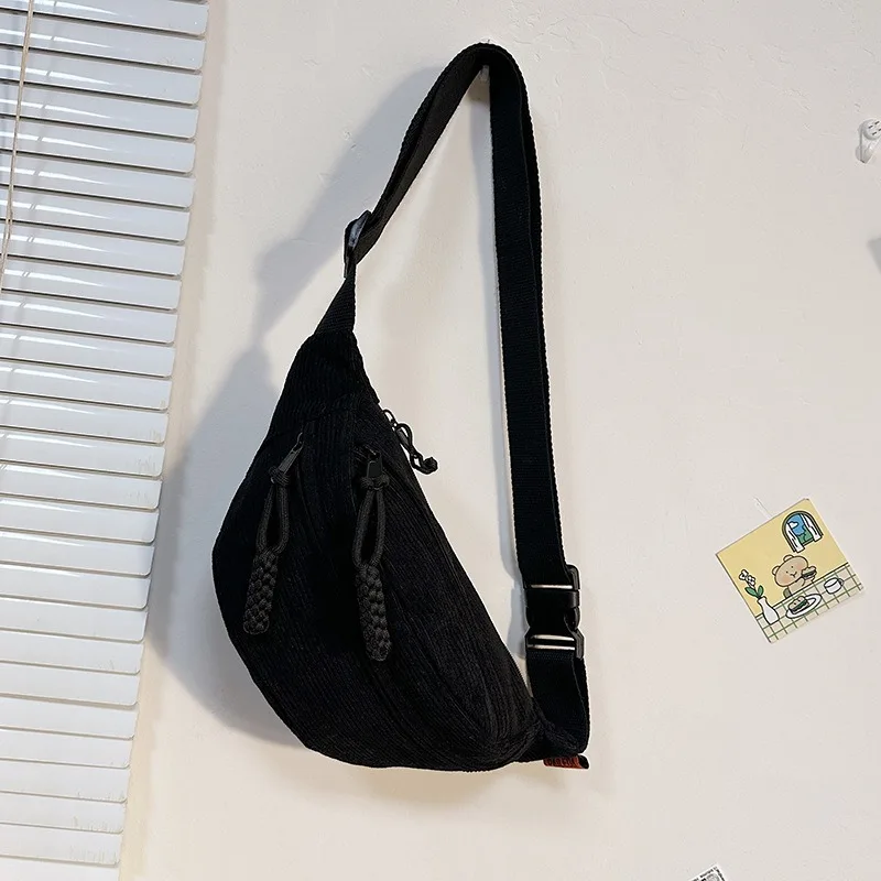 Simple chest bag, fashionable solid color waist bag, casual sports bag, corduroy shoulder bag, large capacity student image 4