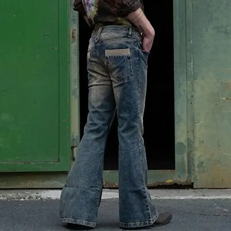 กางเกงยีนส์ขาบานสไตล์วินเทจของผู้ชายกางเกงแฟชั่นเอวสูงกางเกงยีนส์สีน้ำเงินเข้มลำลองสี่ฤดู