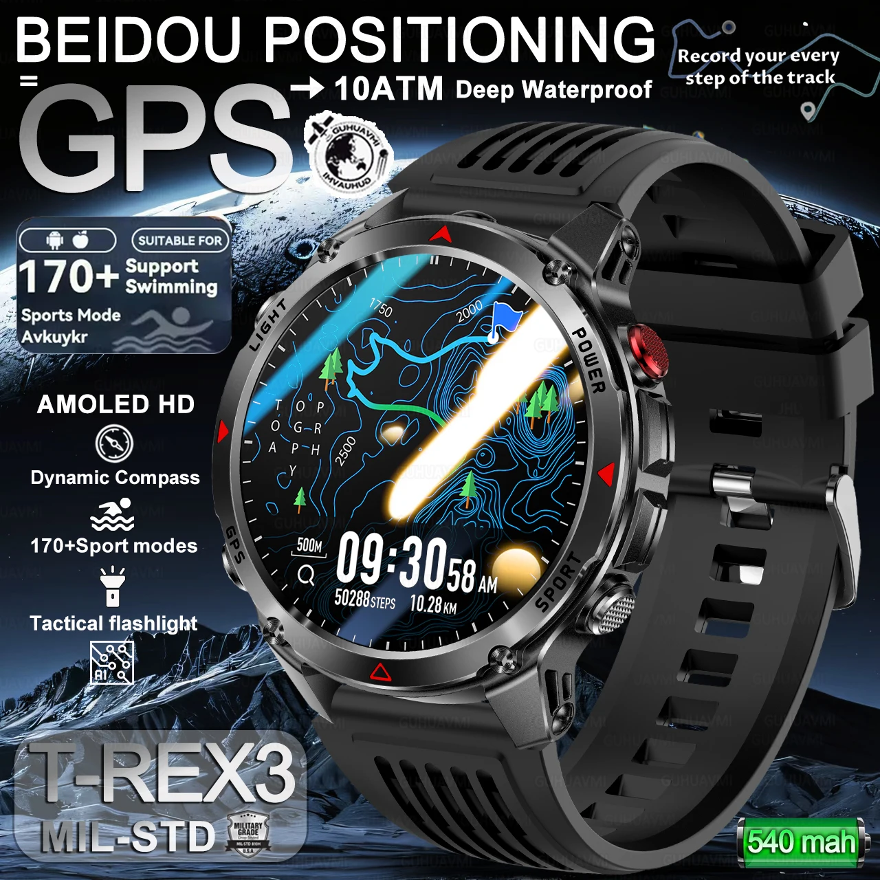 

2025 бестселлер, новые военные смарт-часы T-Rex 3, мужские GPS-трекеры, компас, спортивный трекер, водонепроницаемый HD-браслет для вызова