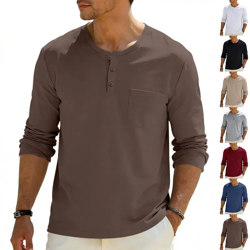 

Men's round Neck Casual Long Sleeve Shirt Autumn Winter Slim Fit Breathable Pullover Base Layer Pure Color Top PU Leather