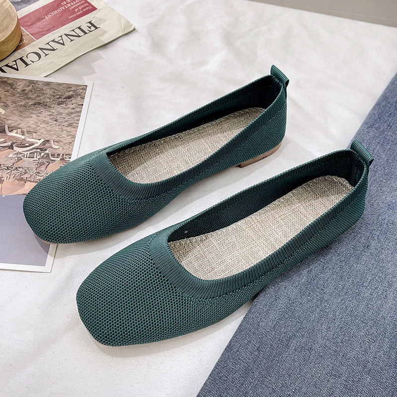 Solid Color Slip on Mesh Loafers Stretch Knitted Ballet Flats Women Casual Soft Bottom Shallow Boat Shoes Classic Moccasins