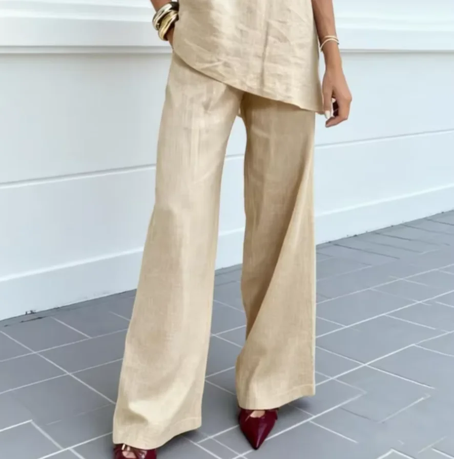 Fashion Cotton Linen Straight Set Sexy V-neck Pullover Top & Pant Summer Outfits Women's Casual Short Sleeve Loose 2 Piece Suit