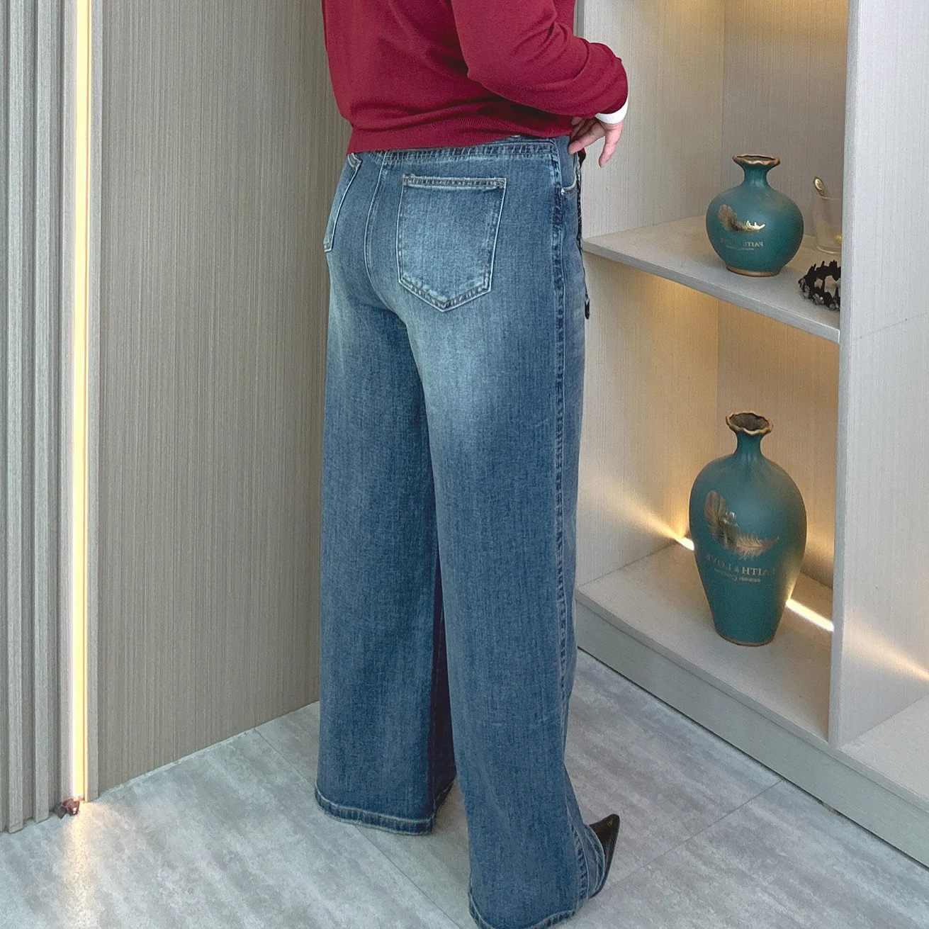 XXXXXL модные женские широкие джинсы больших размеров, осенние элегантные шелковые джинсовые повседневные длинные брюки премиум-класса на шнуровке 8376
