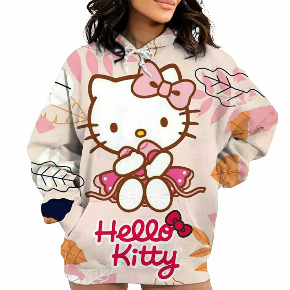 

Осенняя белая толстовка с принтом «Hello Kitty» в стиле Харадзюку, женская свободная студенческая повседневная уличная одежда, кавайная одежда