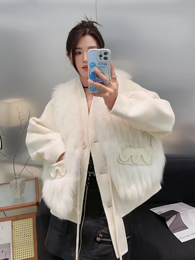 2023 Fashion Winter Fur Coat Real Natural Fox Fur Vest Ladies Cashmere Wool Woolen Women Luxury Jacket Outwear Female Coat