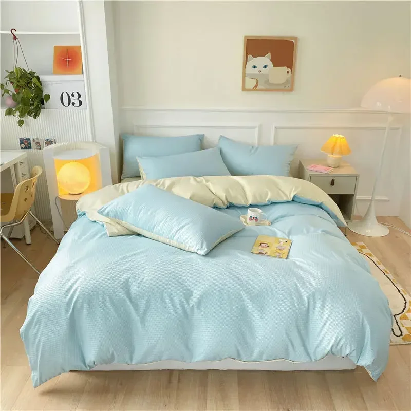 150/180/200CM Yellow-blue Brushed Bed Sheet Duvet Cover Pillowcase Four-piece Spring Autumn Bedding Set M048-17