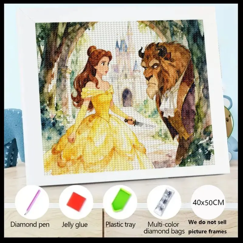 1PC Disney Princess Belle & The Beast 5D Diamond Painting Kit, DIY Full Drill Fairy Tale Scene Diamond Art Craft with Sparkling