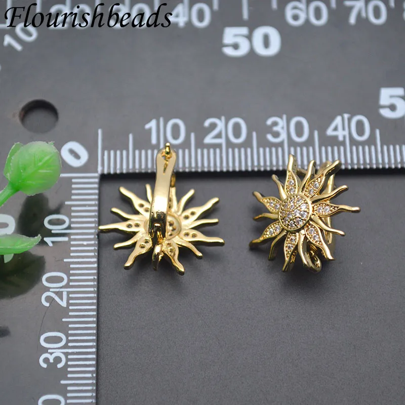 Metal Brass Real 18k Gold Plated Sun Flower Shape Earring Hook Clasps Paved CZ Beads Jewelry Findings