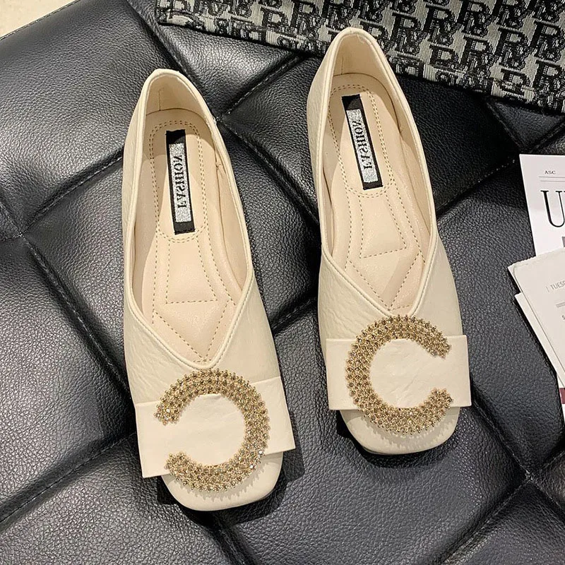 Flats Women Soft Sole Thin Shoes Fashion Rhinestone Buckles Square Toe Pumps Casual Slip-on Scoop Shoe Ladies Leather Work Shoes