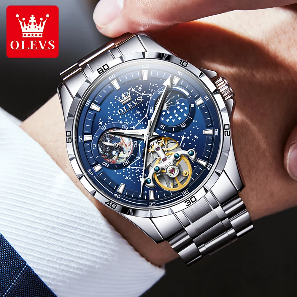 OLEVS Men\'s Watches Waterproof Multifunctional Luminous Fully Automatic Mechanical Watch Moon Phase Starry Original TOP Brand