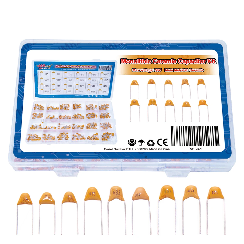 480PCS 24Values Monolithic Ceramic Capacitor Kit (10PF-10UF) Boxed for Signal Filtering Projects & Electronic Circuit Coupling