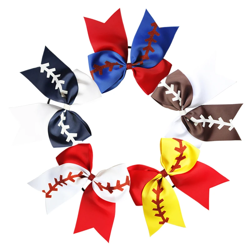 

12pcs/Lot 7'' Ribbon Ponytail Holder Softball Volley Ball Girls Glitter Elastic Band Football Sports Cheer Bows