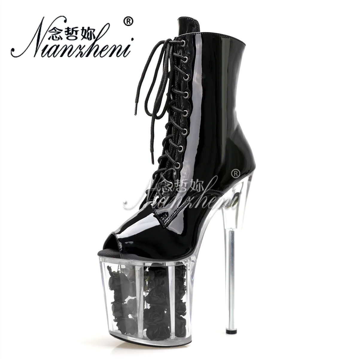 Peep Toe 20cm Black Shiny Surface Ankle Boots 8Inch High Heels Strip Pole Dance Gothic Platform Women's Shoes Sexy Fetish Cross