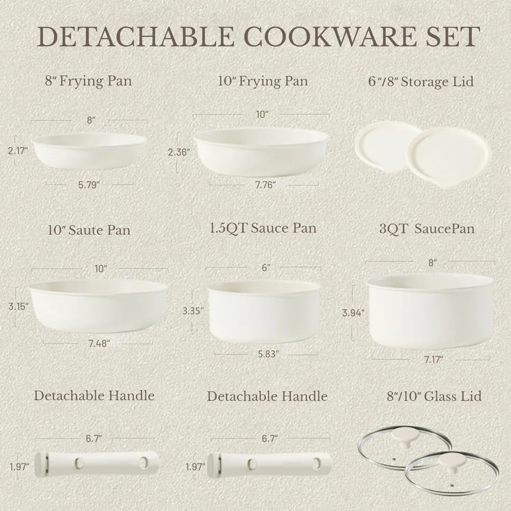 11pcs Pots and Pans Set, Nonstick Cookware Detachable/Removable Handle, Induction RV Kitchen Set, Oven Safe, Cream White