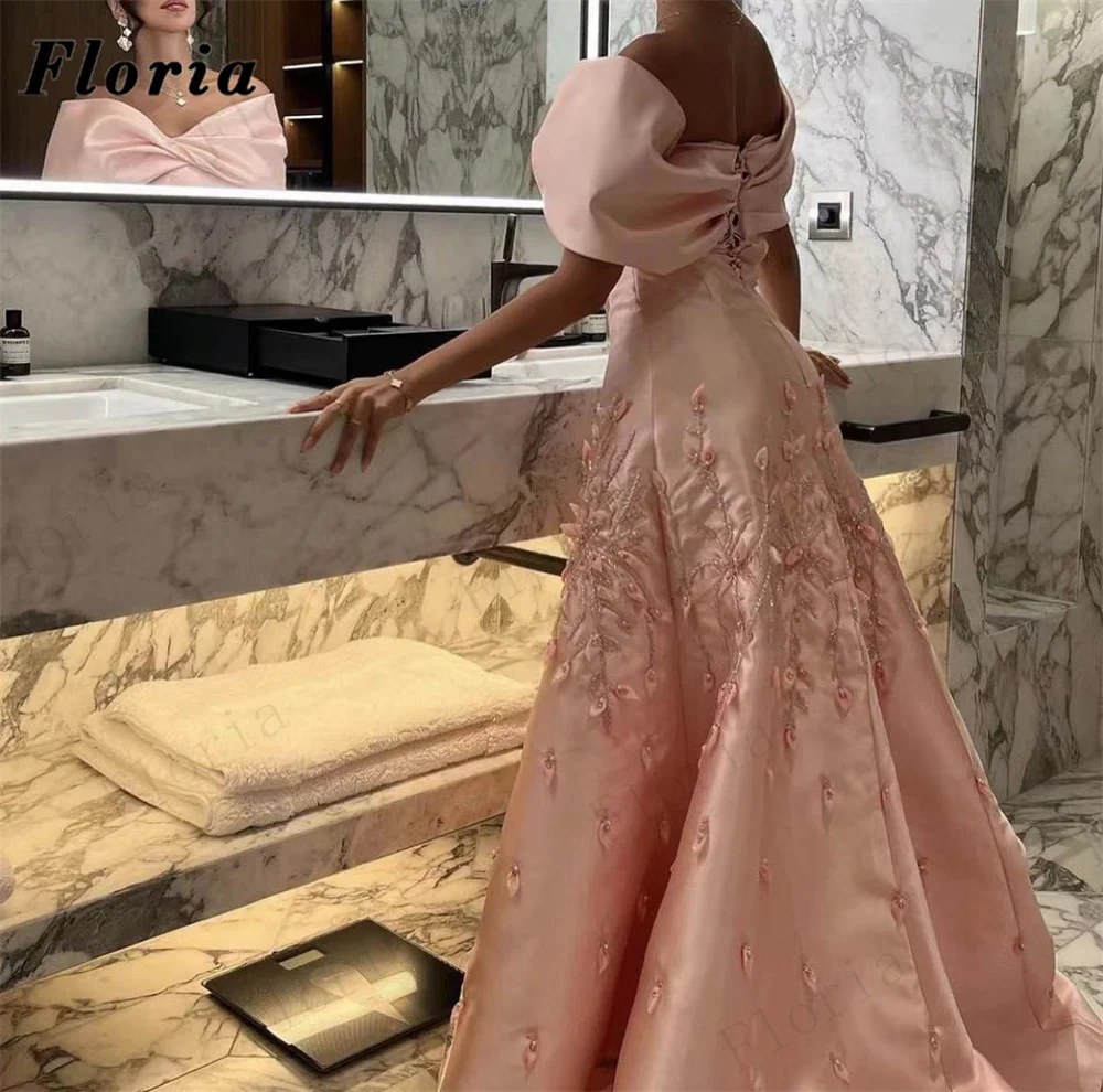 Kaftans Pink Satin Evening Dresses 2023 Dubai Design Appliques Beaded Prom Dress For Weddings Plus Size Party Engagement Dress