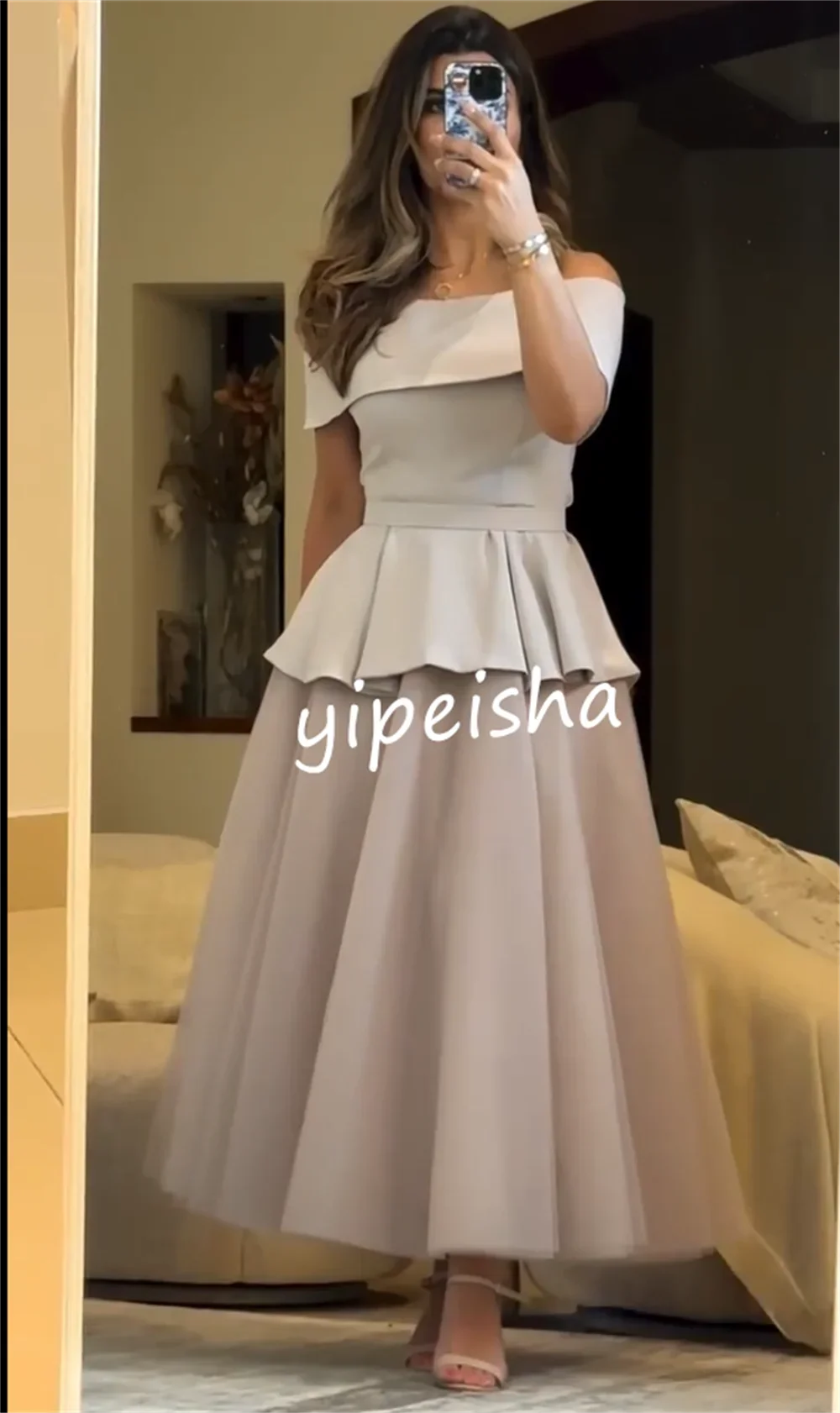 Customized Exquisite Net Draped Pleat Ruched A-line Off-the-shoulder Evening Dresses Casual Simple Retro Fashion Elegant Exquisi