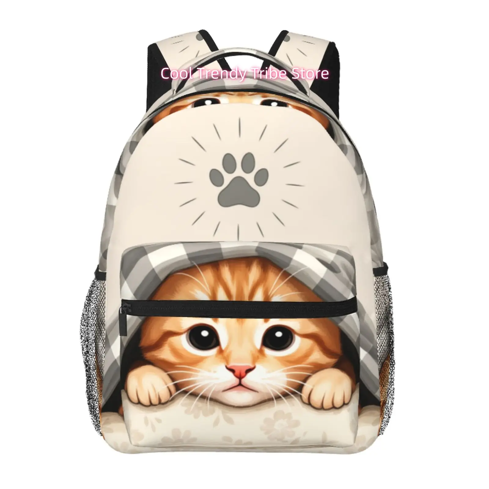 Cute Orange Tabby Cat Peeking from Blanket Print Adult Backpack, Oxford Cloth Adjustable Strap Casual Daypack for Cat Lovers& Wo