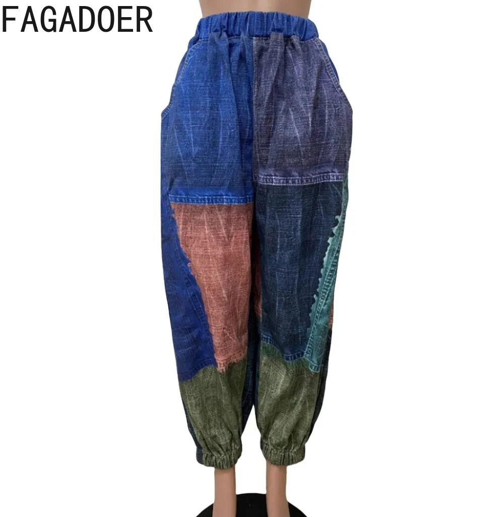 กางเกงยีนส์แฟชั่นสีสันตัดต่อสไตล์ FAGADOER สำหรับผู้หญิง มีกระเป๋า แต่งผ้าแบบแพทช์เวิร์ค ทรงหลวม ขากว้าง สไตล์สตรีทแวร์ รุ่นใหม่ประจำฤดูใบไม้ร่วงปี 2025