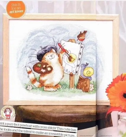 Cat Painter Counted Cross Stitch Kit DIY Handcraft Colorful Embroidery Floss Artwork for Leisure Time