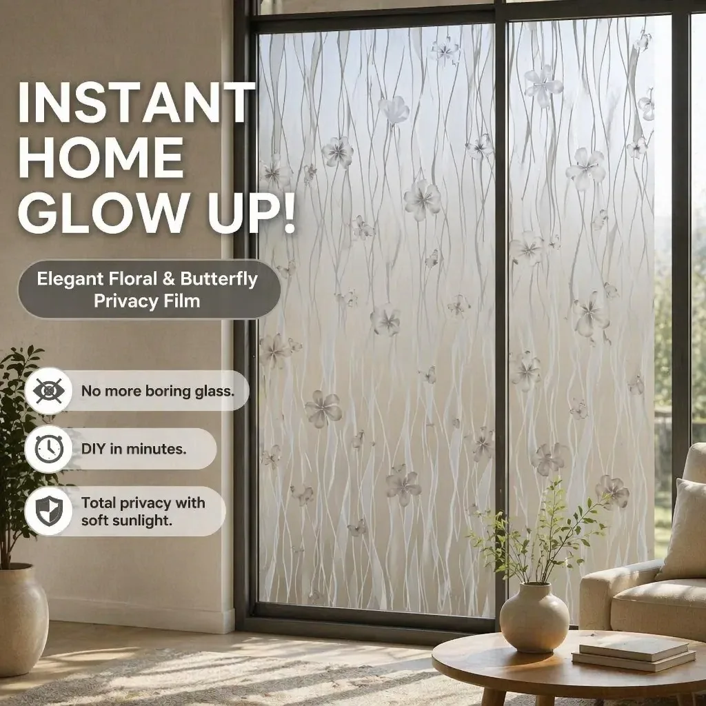 Self-Adhesive Gray Floral Butterfly Window Film