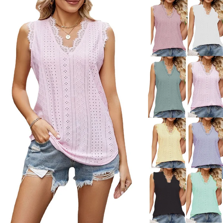 2024 Women Summer Top Vest V-neck Vest Hollowed Out Ventilate Sleeveless Lace Lace Top Soft Comfy Tees Casual T-shirt For Women