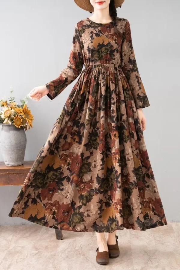 여성용 중간 길이 꽃무늬 프린트 긴 소매 라운드 칼라 캐주얼 통근 가을 시즌 패션 숙녀 드레스 우아한 TS724