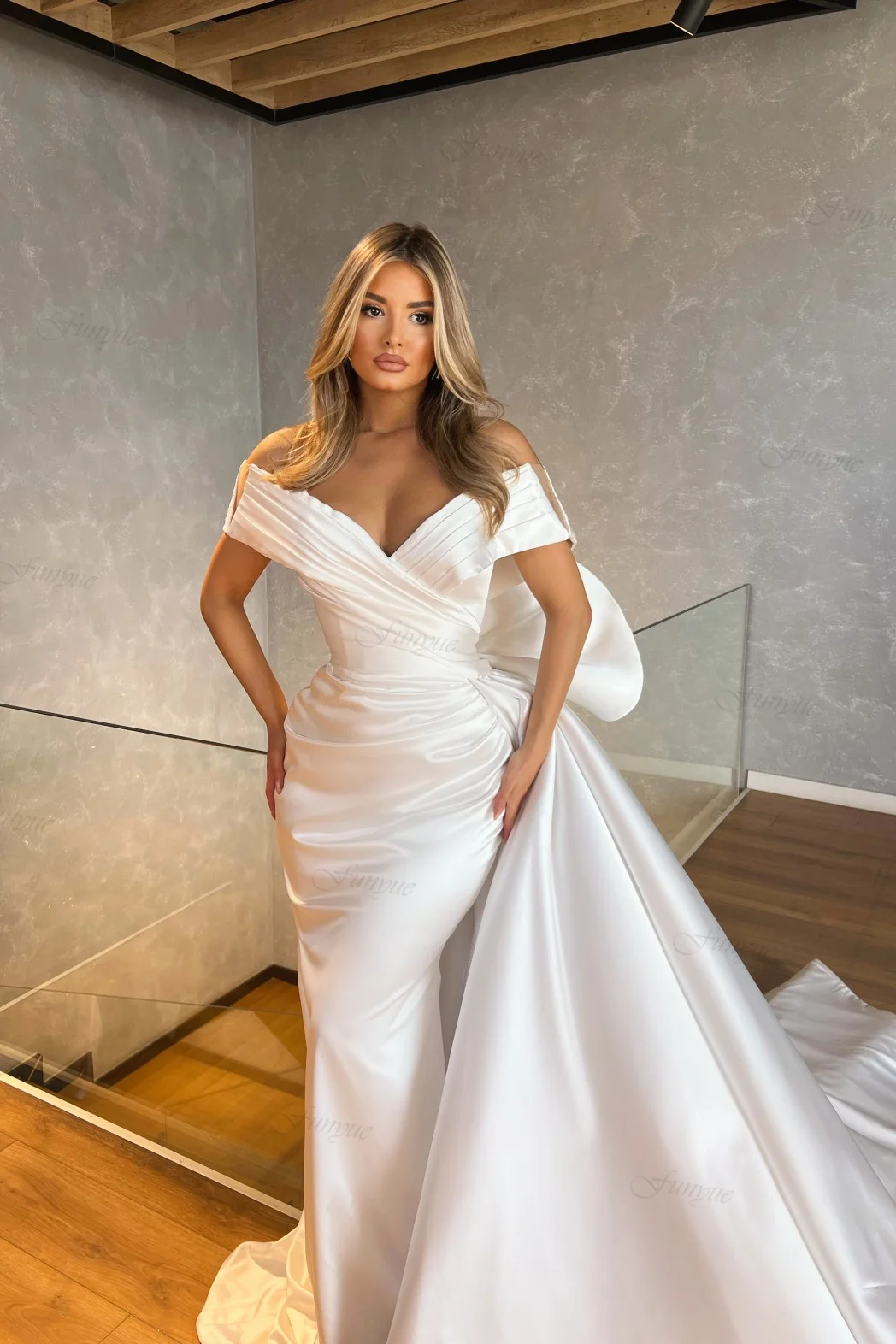 Funyue – robe De mariée sirène en Satin blanc Simple, col en v, Sexy, longue, avec traîne amovible, pour mariée, 2023