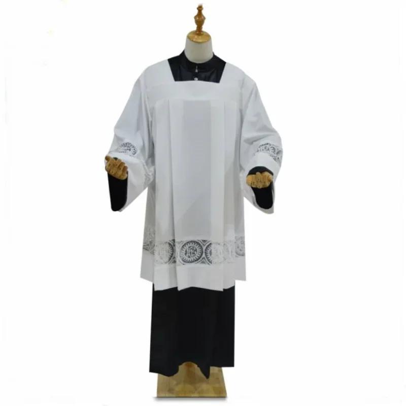 2PCS Sets Altar Server Vestments White Surplice Pastor Robe Catholic Pleated Lace Rochet Liturgical Cotta Cassock Choir Dress