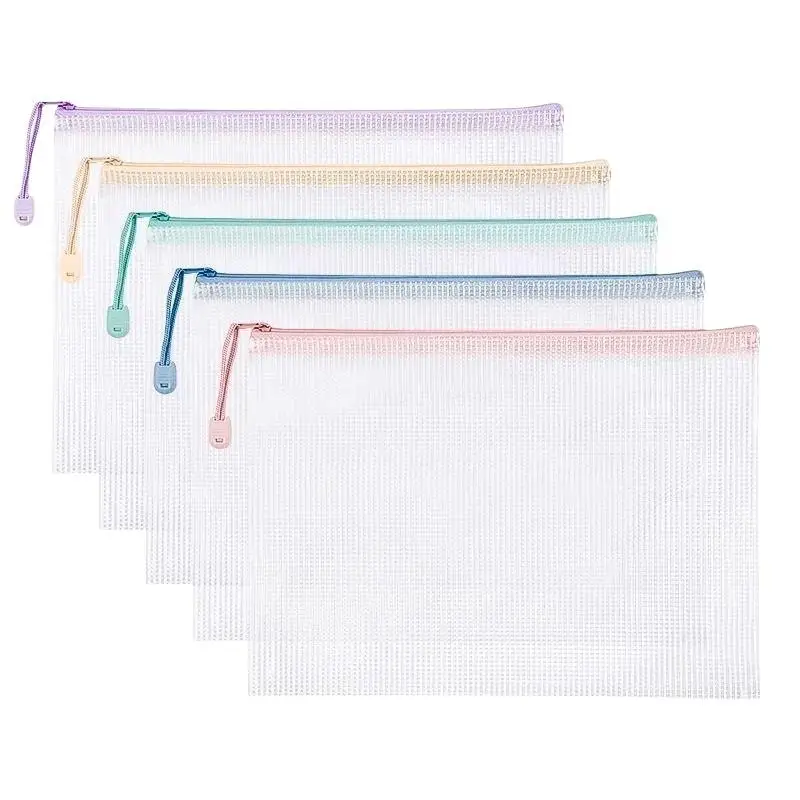 Hot Zipper Mesh Bags A4 Plastic Zipper Bags For Organizing Waterproof Clear Travel Bags Office Supplies Document,Color Random