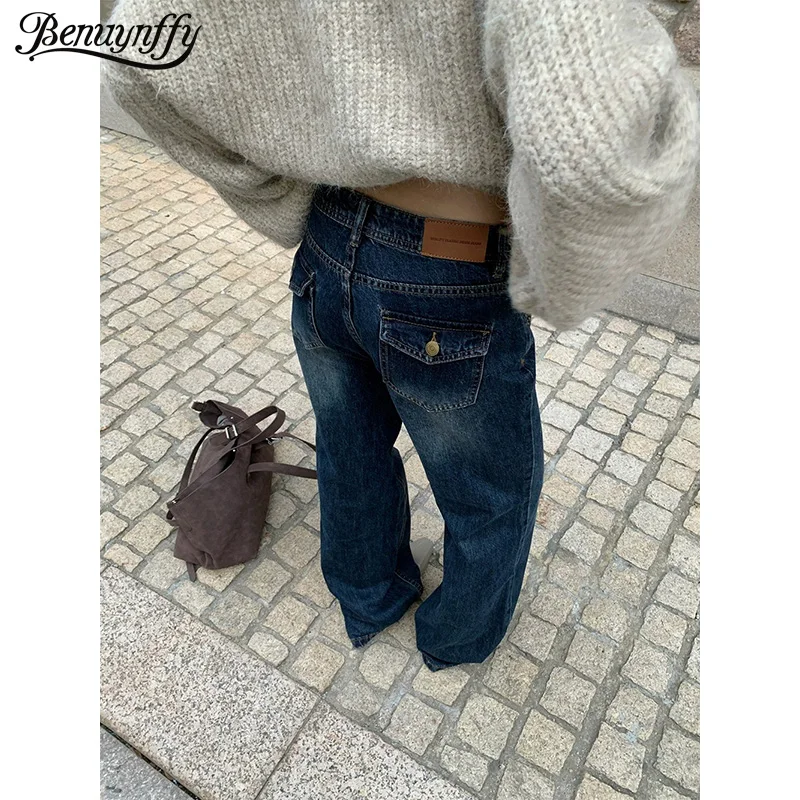 Benuynffy Retro Low Waist Washed Flared Jeans for Women 2025 Autumn Winter New Korean Casual Flip Pocket Bell-bottom Denim Pants