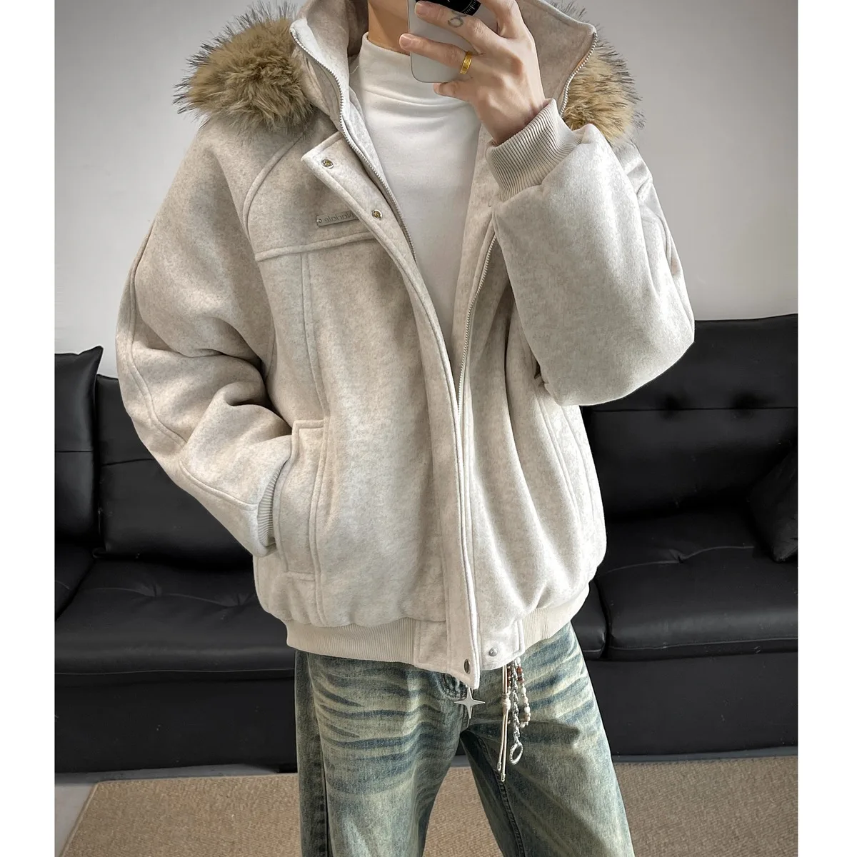 

Мужская утепленная зимняя хлопковая куртка с капюшоном и плюшевым воротником, теплая, из шерстяного материала, повседневная, с длинными рукавами, с подкладкой из полиэстера