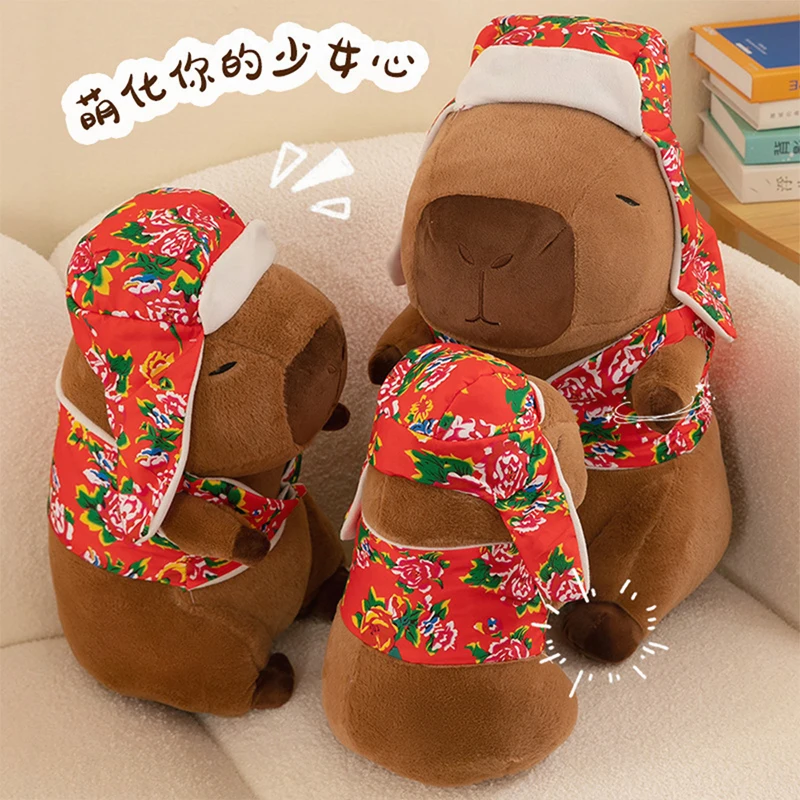 Kawaii Capybara knuffel in noordoosten Chinese bloemenjas gevulde pop voor kinderen verjaardag kerstcadeau schattige zachte dierenpop