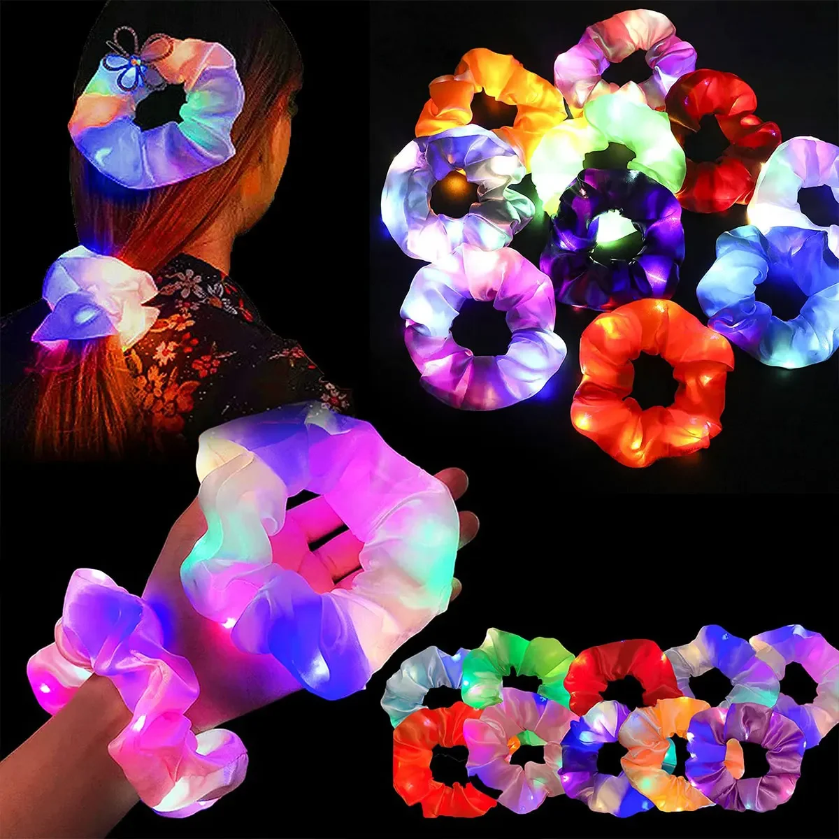 

Hair Scrunchies Led Flash Hair Rope Light Modes Scrunchies Satin Elastic Bands Tie Rope Women Girls Glow In The Dark Party