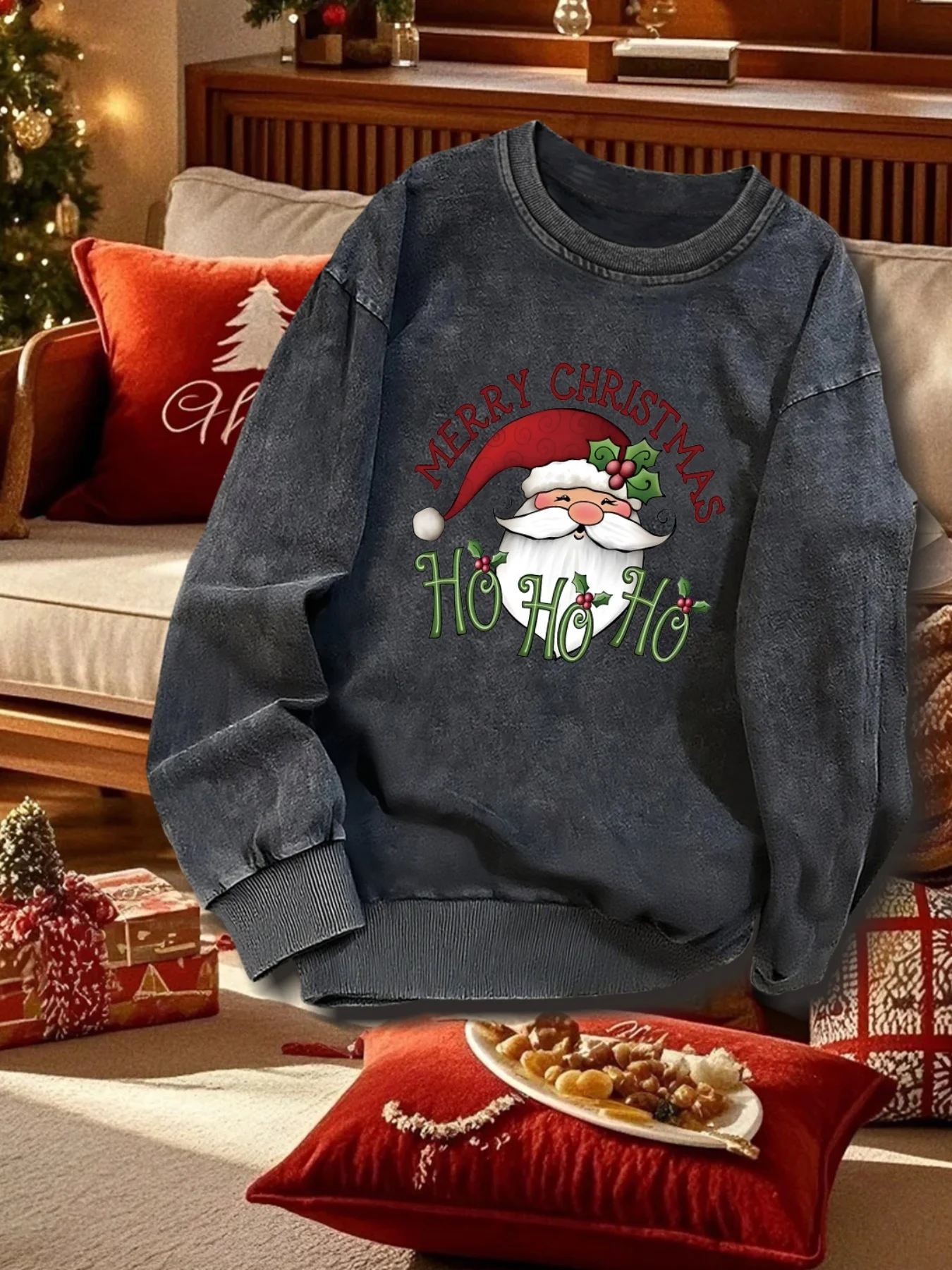 Women's Vintage Christmas Sweatshirt - Santa Claus & Merry Christmas Text - Dark Blue Holiday Pullover - Cozy Fall/winter