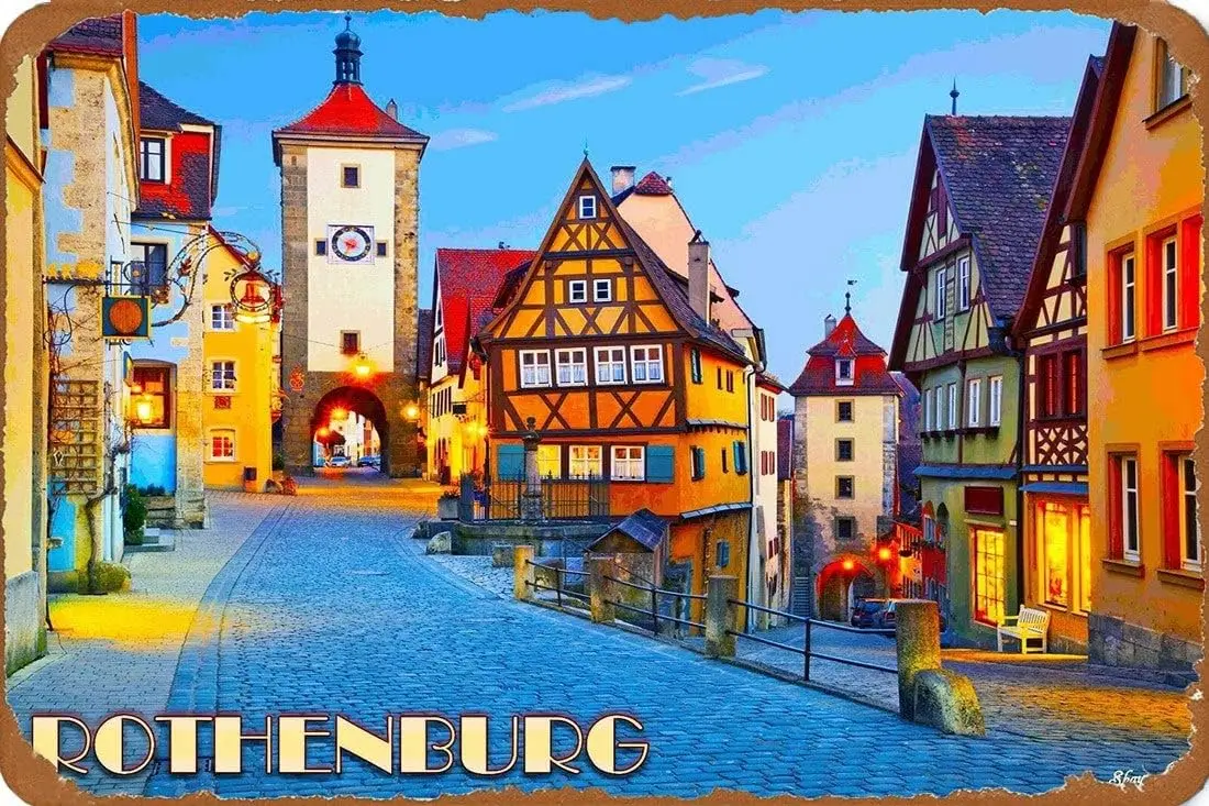 TYmall Retro Tin Wall Plaque Rothenburg Cityscape German Germany Europe European Travel Advertisement Print Vintge Metal Po sign