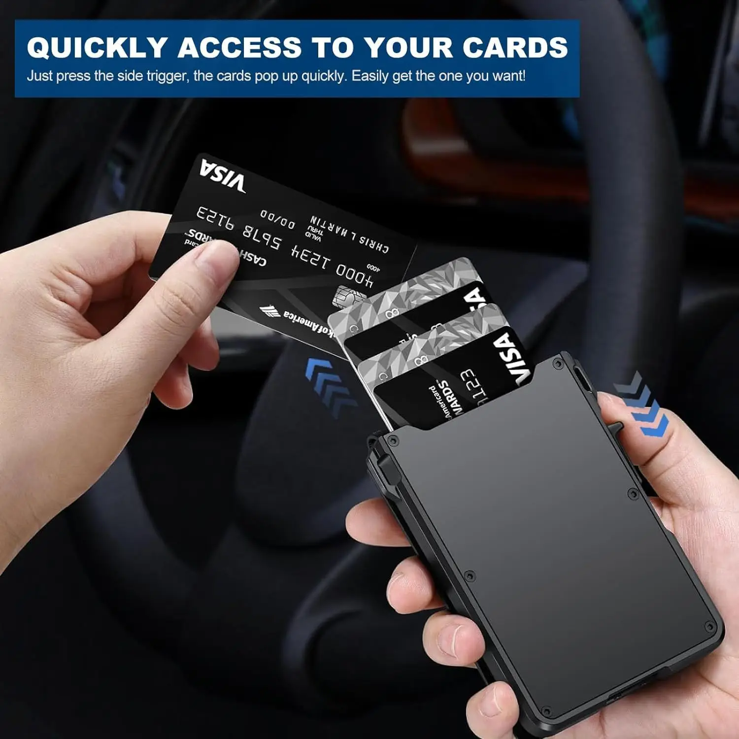 Slim Minimalist RFID Blocking Wallet for Men Pop-Up Card Holder Aluminum Case Carbon Fiber with Money Clip & ID Window