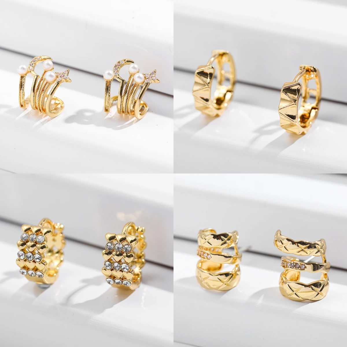 

Geometric Star Moon Cubic Zirconia Charms Post Earrings for Women Trendy Gold Plated Heart Curved Processing Huggies Earring