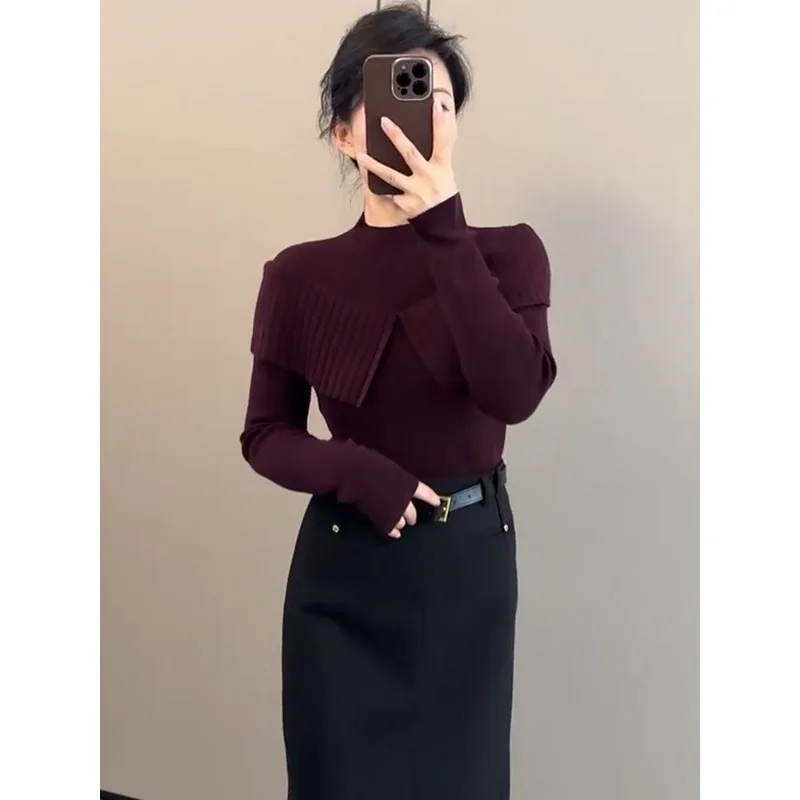 سترة صوفية أنيقة بنصف الياقة المدورة للنساء، سترة داخلية رفيعة وعصرية ومتعددة الاستخدامات #2