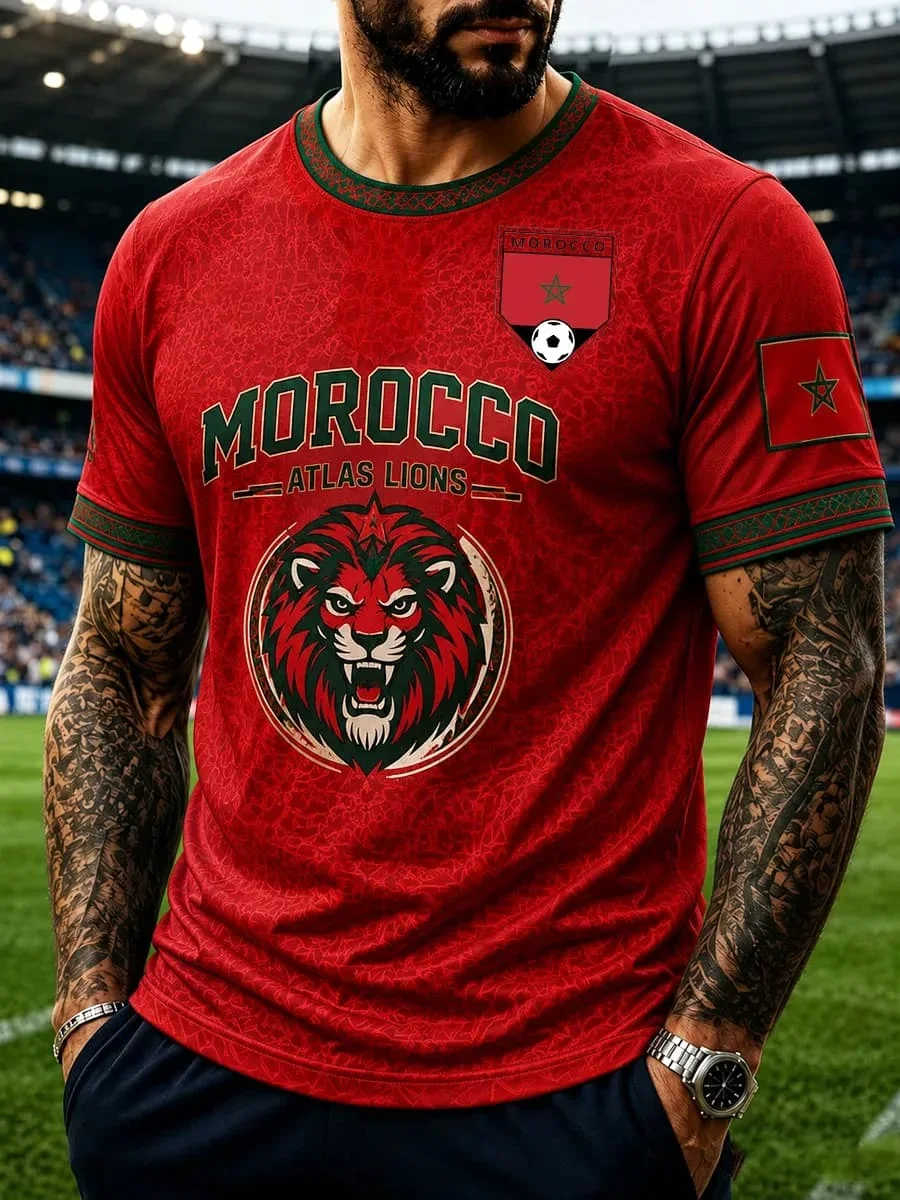 Morocco 2026 Home Soccer Jersey Red Islamic 3d Print Short Sleeve Football Shirt Arabic Letter Print  Fan  Sport Tee Top