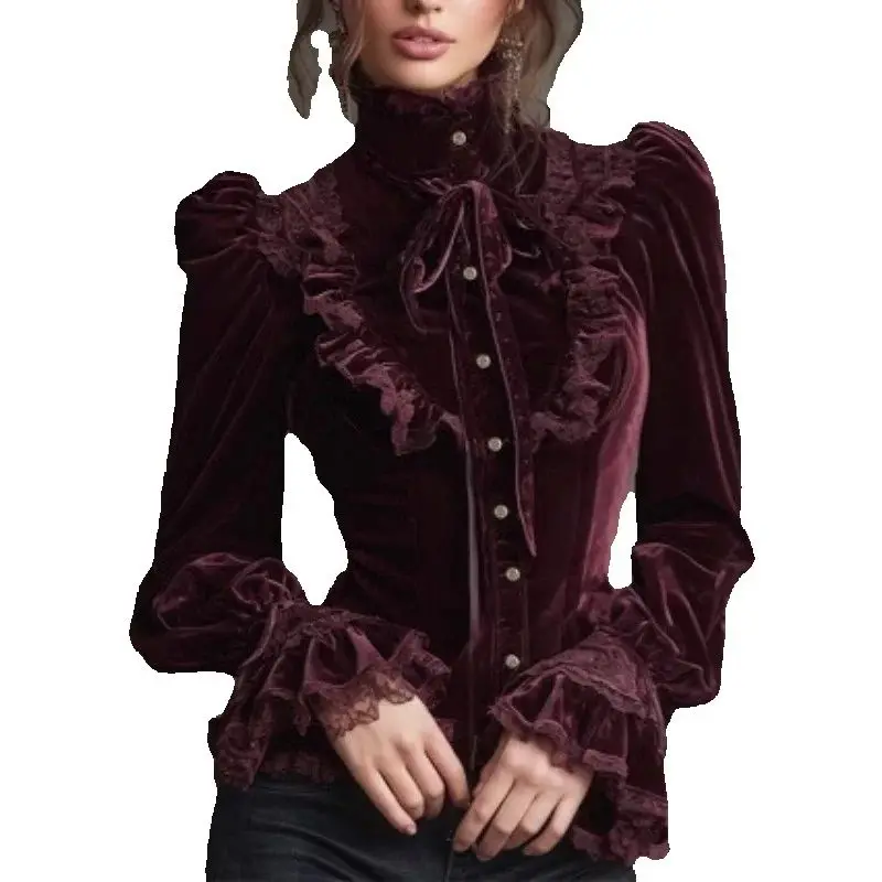 

Winter Gold Velvet Lace Patchwork High Neck Women's Shirt Vintage Elegant Slim Fit Ruffled Button Shirt Top for Women Vacation