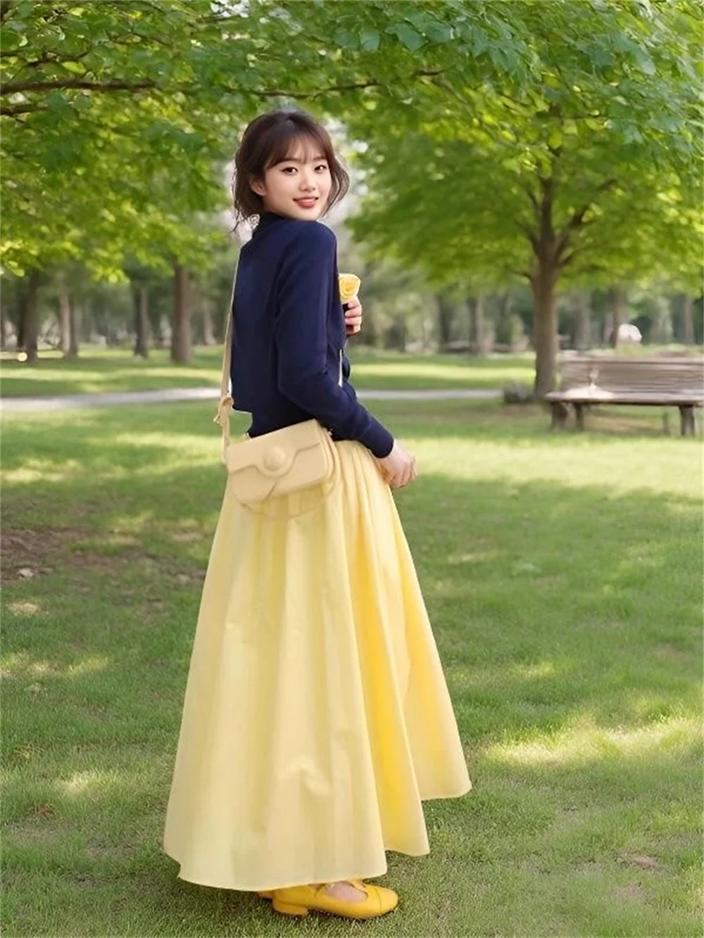 Women Clothing Spring Yellow Elegant Umbrella Skirt Elastic Waist Slim Skirt Summer Autumn Leisure Loose Long Pleated Skirt